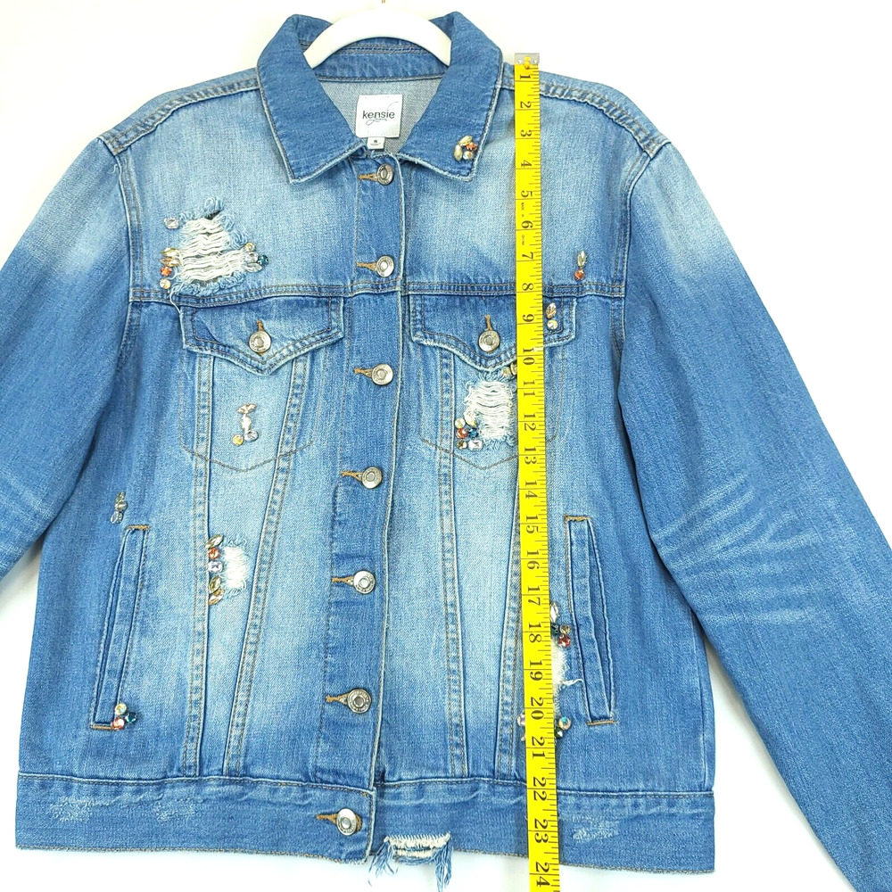 Kensie Embellished Distressed Jean Jacket Women S Denim Blue Long Sleeve - Picture 4 of 13